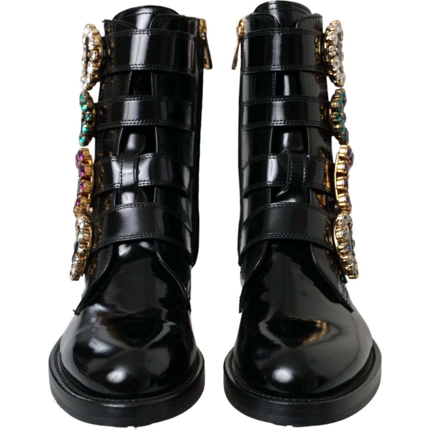 Dolce & Gabbana Black Leather Crystal Buckles Boots Shoes Dolce & Gabbana Black