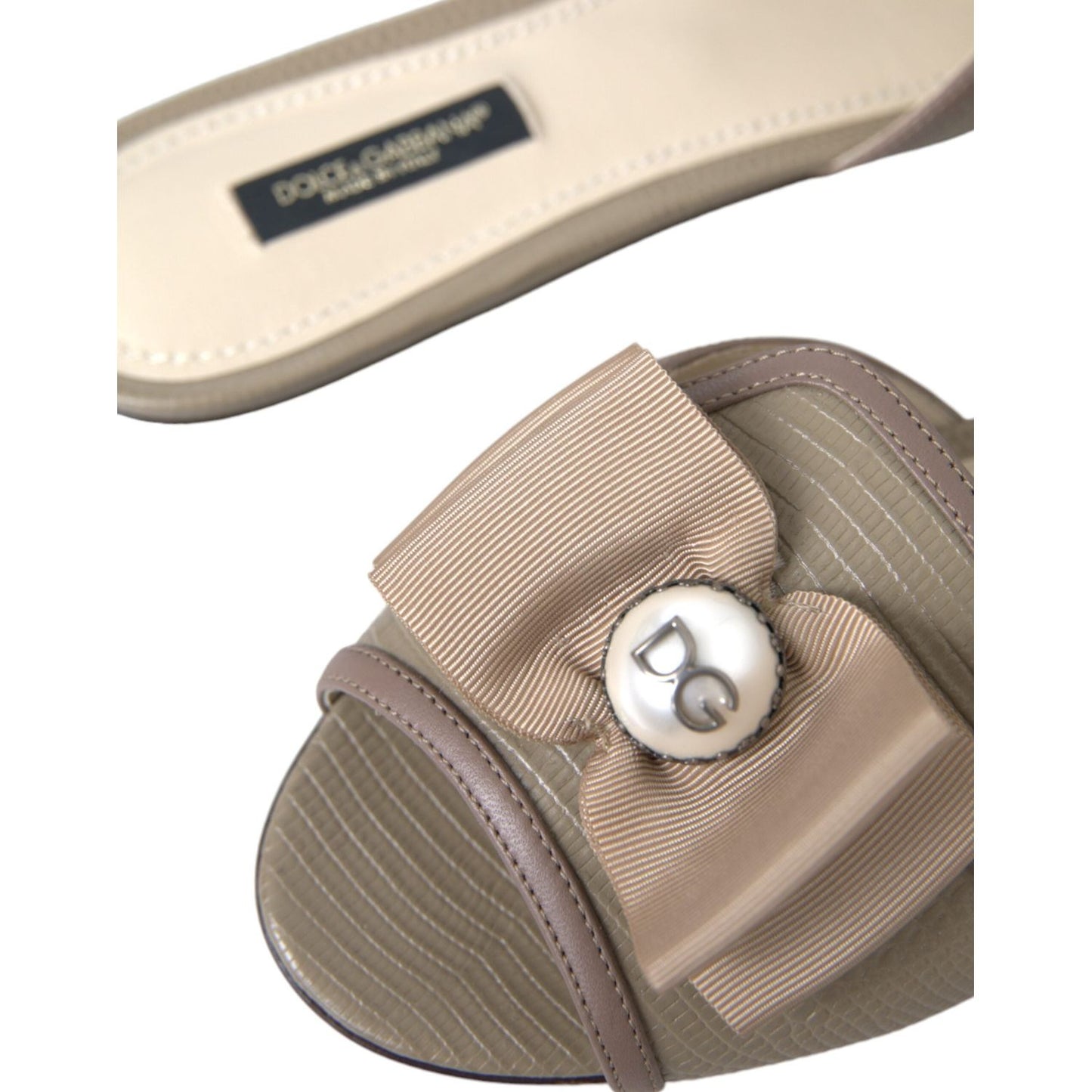 Dolce & Gabbana Beige Logo Pearl Flats Sandals Slides Shoes Dolce & Gabbana Slate Gray