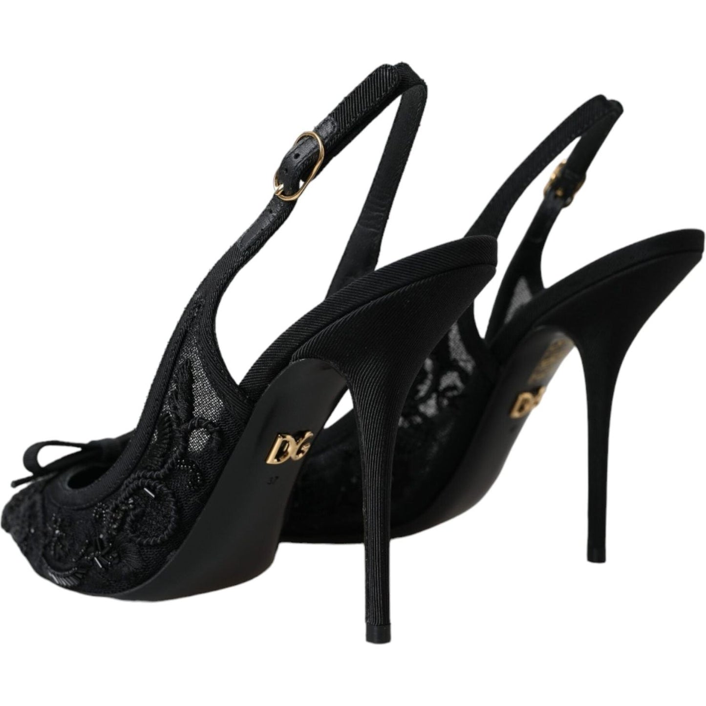 Dolce & Gabbana Black Tulle Ricamo Heels Slingbacks Shoes Dolce & Gabbana Black