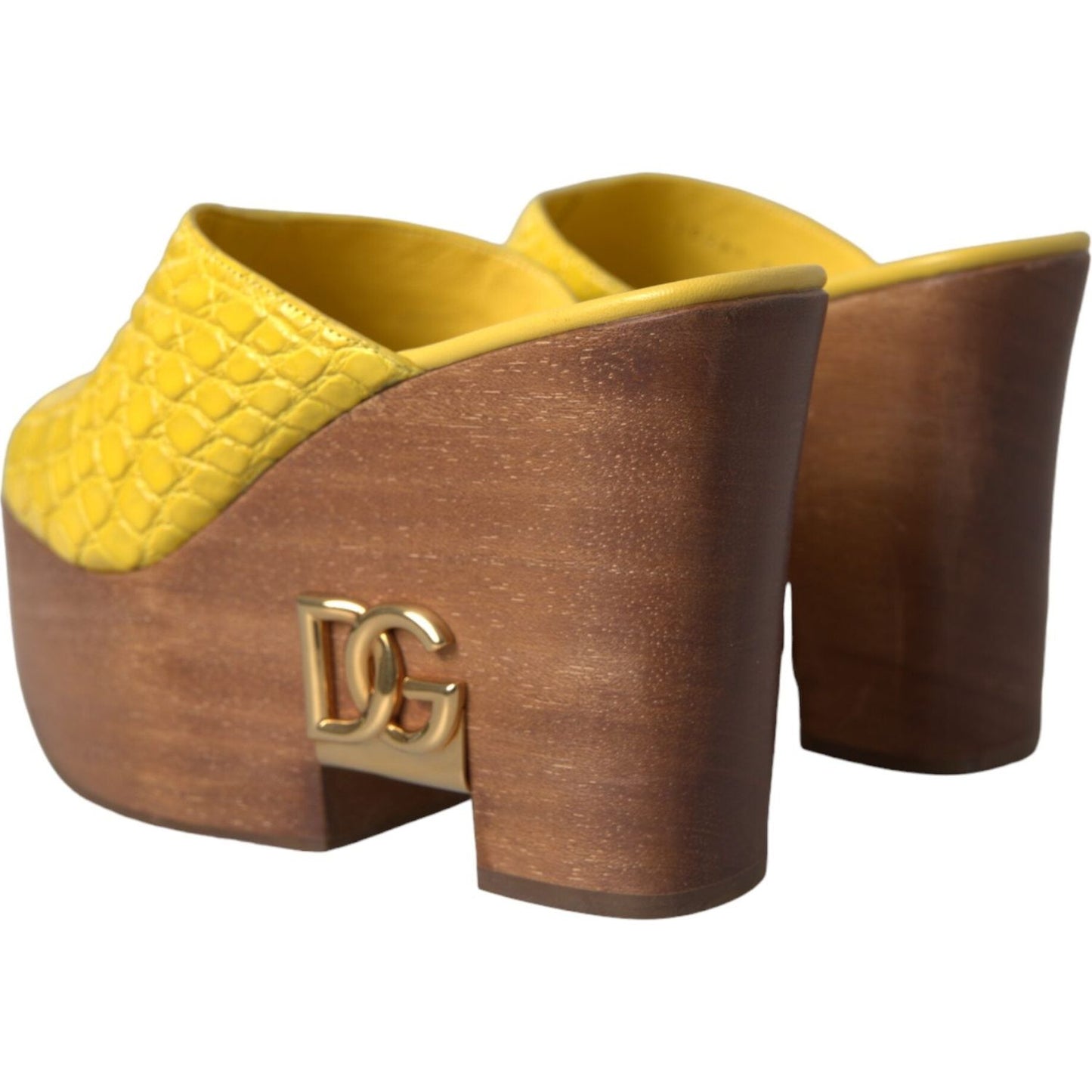 Dolce & Gabbana Yellow Leather Wood Mule Wedge Slides Shoes Dolce & Gabbana Sienna