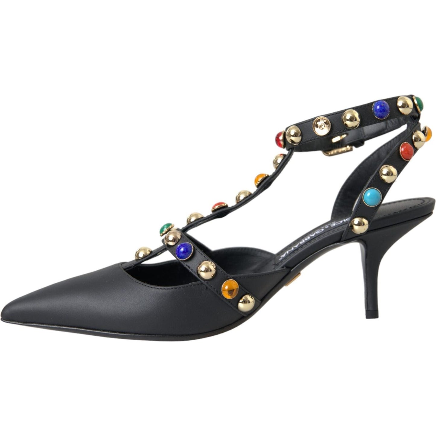 Dolce & Gabbana Black Leather Embellished Heels Sandal Shoes Dolce & Gabbana Dark Slate Gray