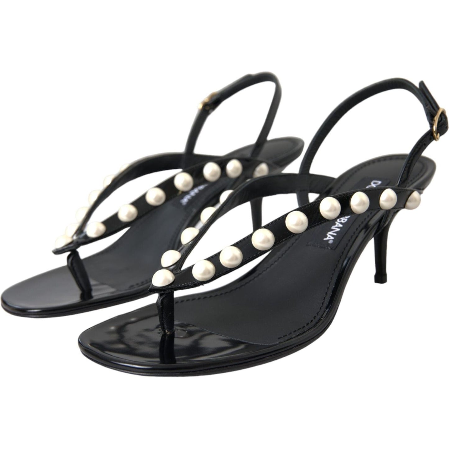 Dolce & Gabbana Black Leather Faux Pearl Heel Sandals Shoes Dolce & Gabbana Dark Slate Gray