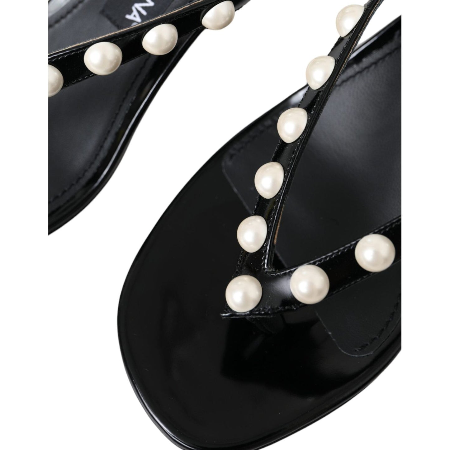 Dolce & Gabbana Black Leather Faux Pearl Heel Sandals Shoes Dolce & Gabbana Black