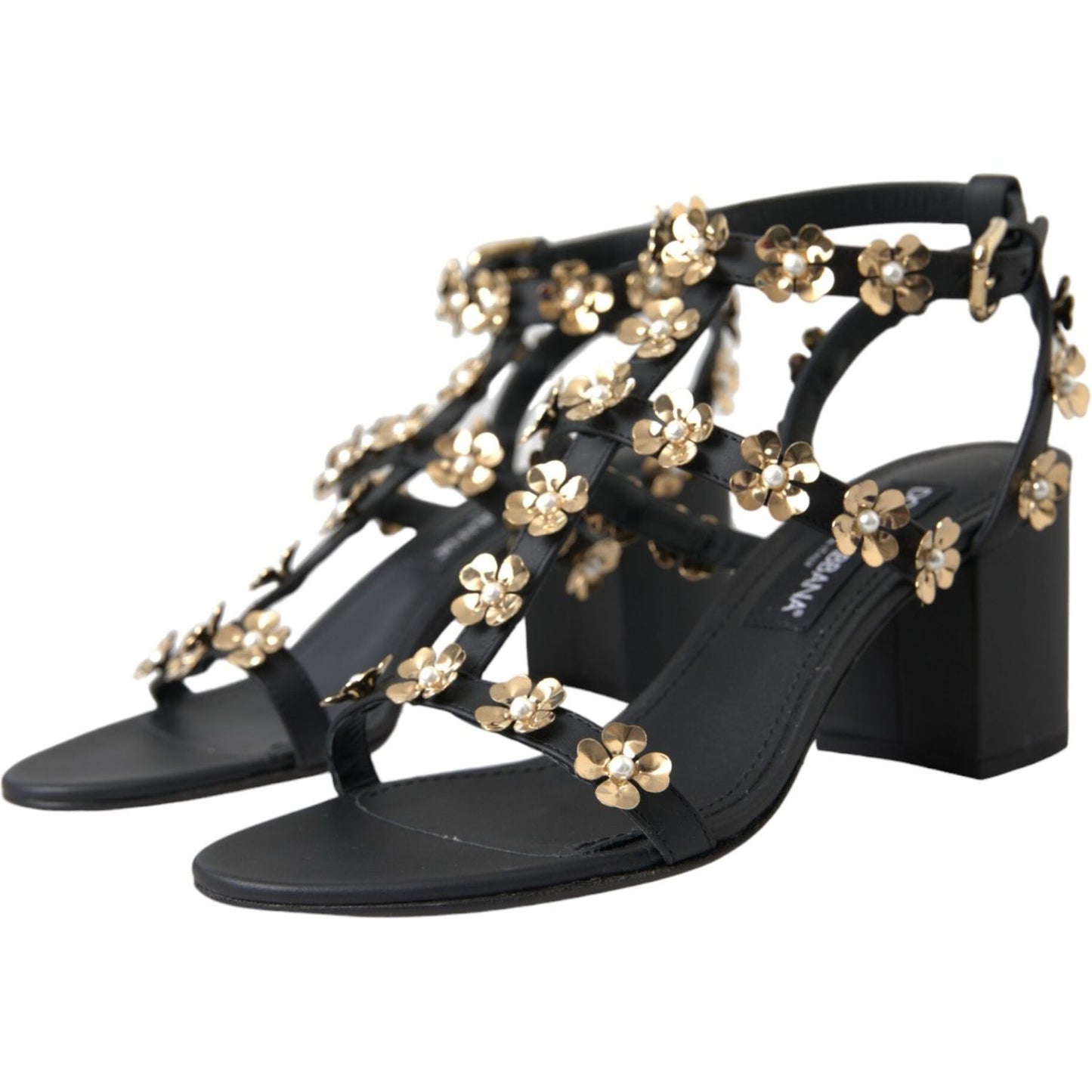 Dolce & Gabbana Black Leather Embellished Heel Sandal Shoes Dolce & Gabbana Dark Slate Gray