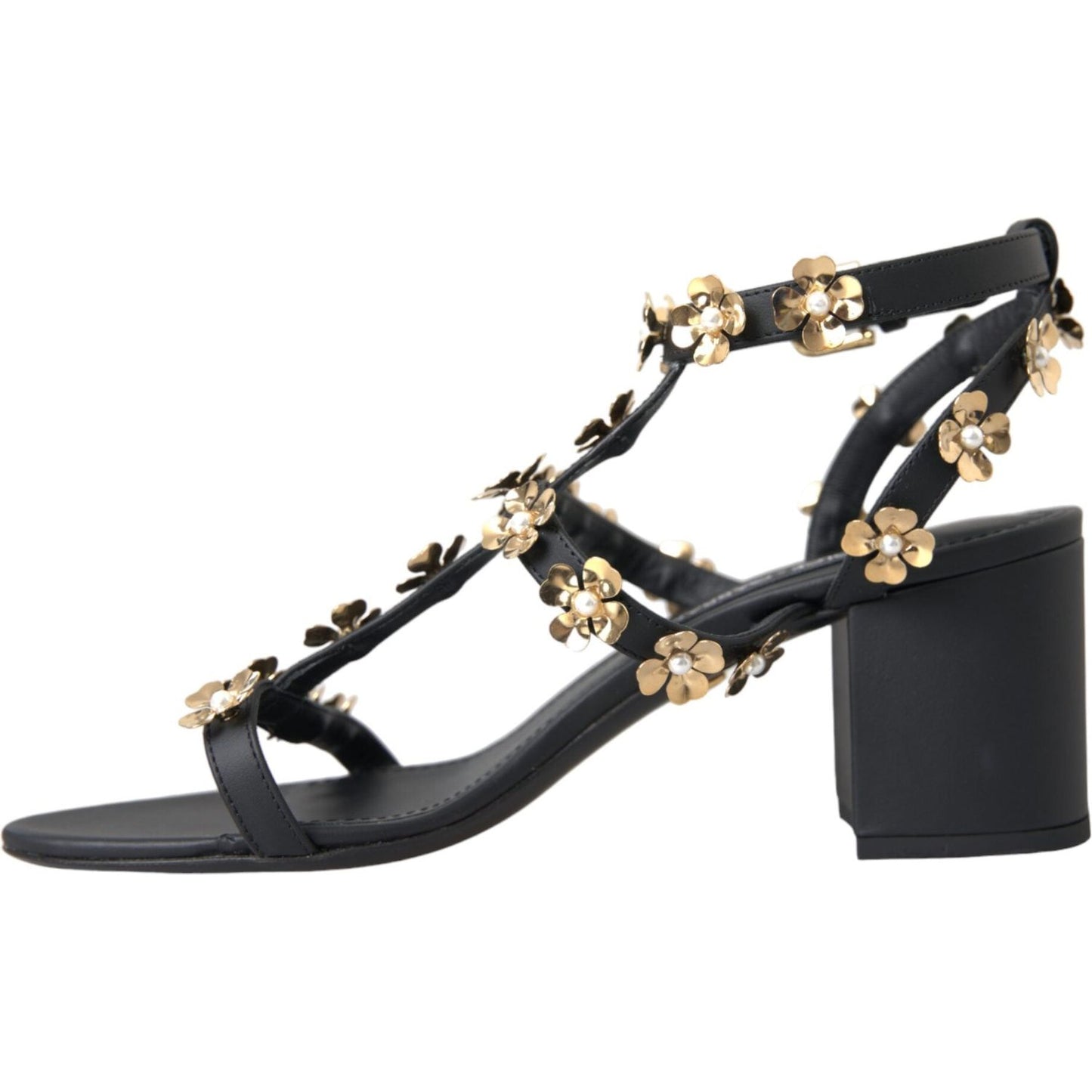 Dolce & Gabbana Black Leather Embellished Heel Sandal Shoes Dolce & Gabbana Dark Slate Gray