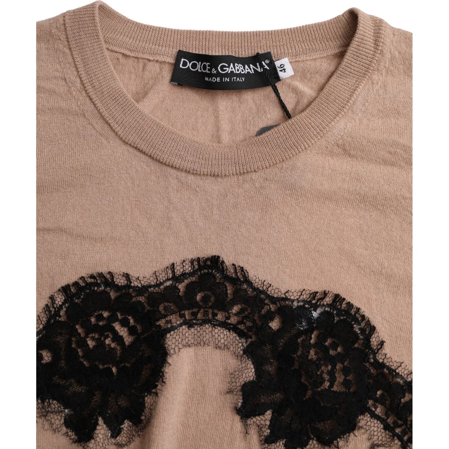 Dolce & Gabbana Brown Wool Black Lace 3/4 Sleeve Blouse Top Dolce & Gabbana Rosy Brown
