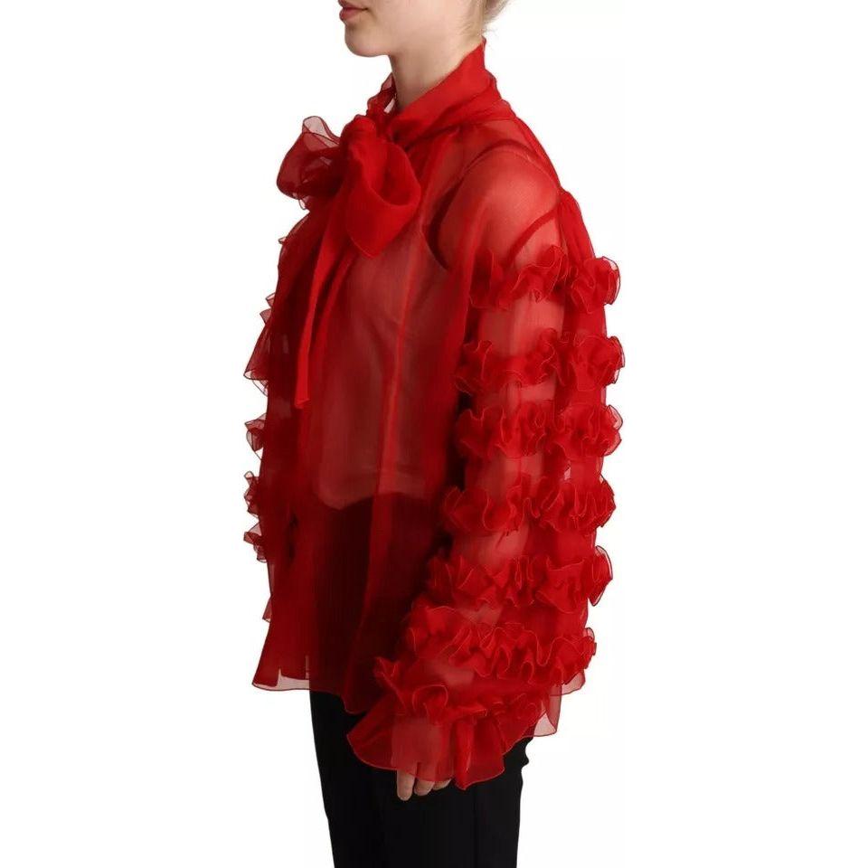 Dolce & Gabbana Red Silk Ascot Collar Ruffles Blouse Top Dolce & Gabbana Dark Red