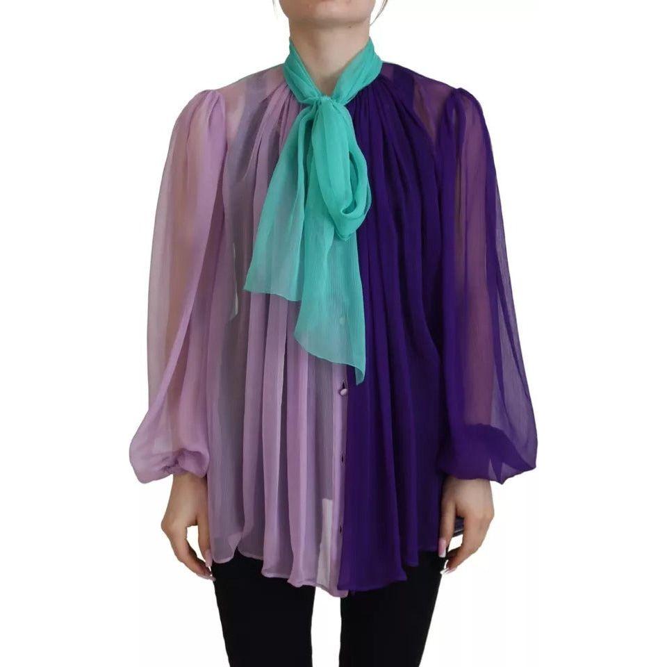 Dolce & Gabbana Multicolor Long Sleeves Ascot Collar Silk Top Dolce & Gabbana Dim Gray
