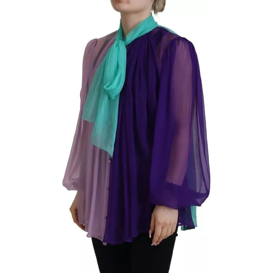 Dolce & Gabbana Multicolor Long Sleeves Ascot Collar Silk Top Dolce & Gabbana Midnight Blue