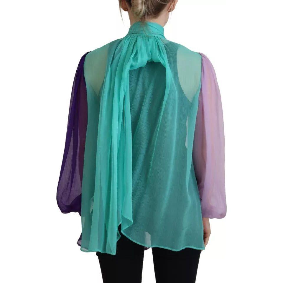 Dolce & Gabbana Multicolor Long Sleeves Ascot Collar Silk Top Dolce & Gabbana Sea Green