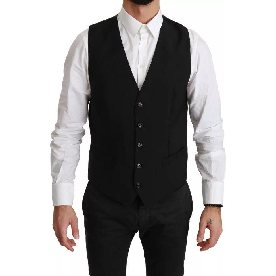 Dolce & Gabbana Black Stretch Waistcoat Formal Dress Wool Vest Dolce & Gabbana Black