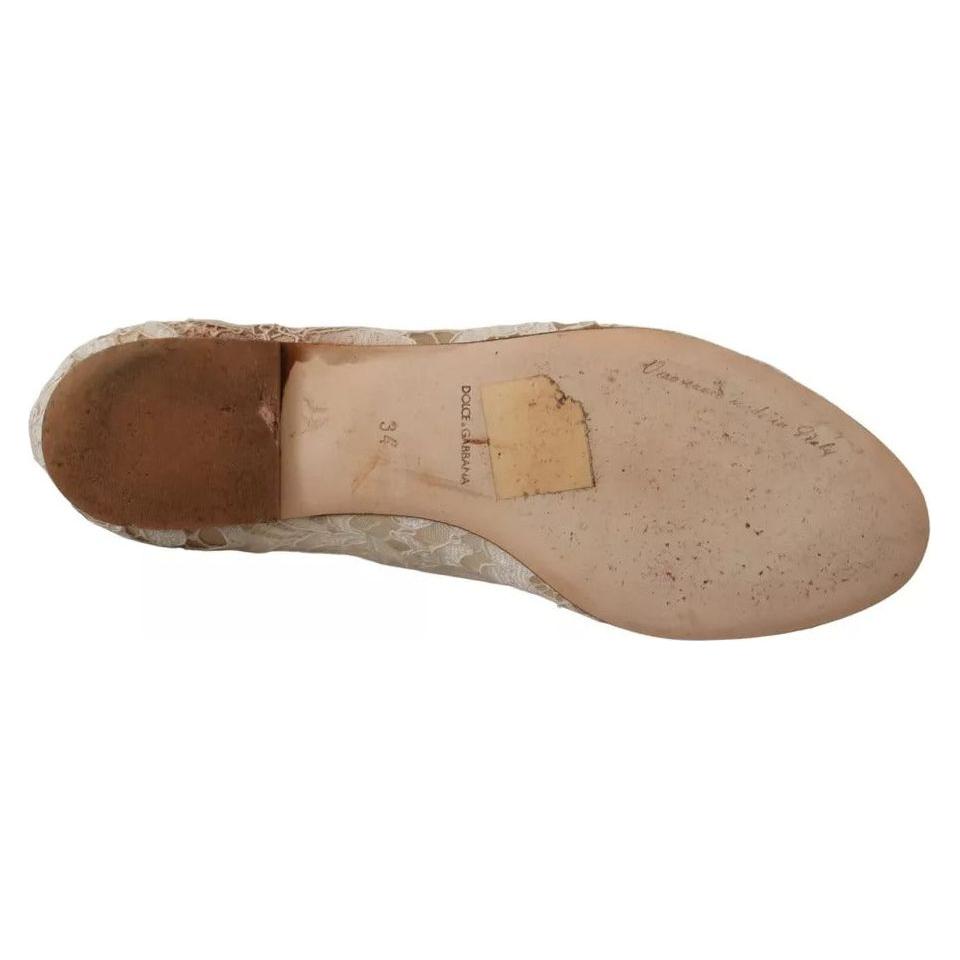 Dolce & Gabbana Beige Lace Crystal Ballet Flats Loafers Shoes Dolce & Gabbana Rosy Brown