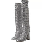Dolce & Gabbana Silver Sequined High Boots Stretch Shoes LA10943-39