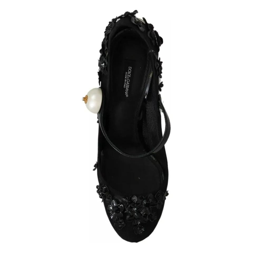 Dolce & Gabbana Black Floral Embellish Heels Mary Janes Pumps Shoes Dolce & Gabbana Black