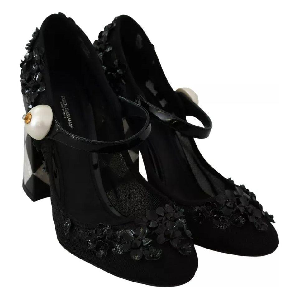 Dolce & Gabbana Black Floral Embellish Heels Mary Janes Pumps Shoes Dolce & Gabbana Black