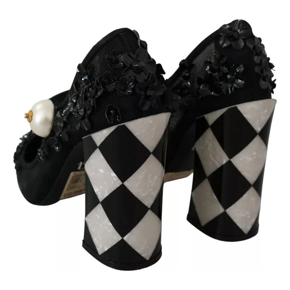 Dolce & Gabbana Black Floral Embellish Heels Mary Janes Pumps Shoes Dolce & Gabbana Dark Gray