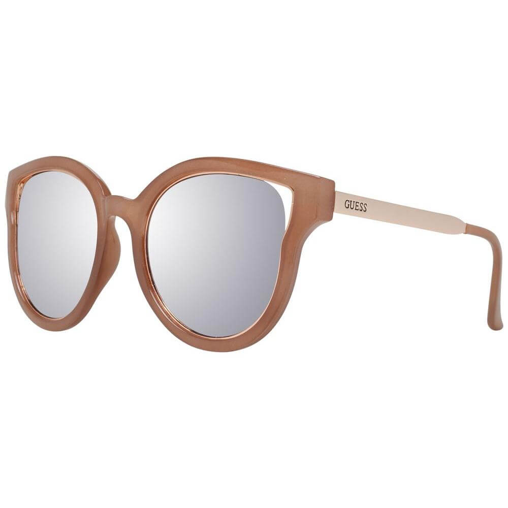 Alt Tag: Guess brown butterfly style sunglasses for women, featuring silver mirrored lenses and metal-plastic frame. 100% UVA & UVB protection.
