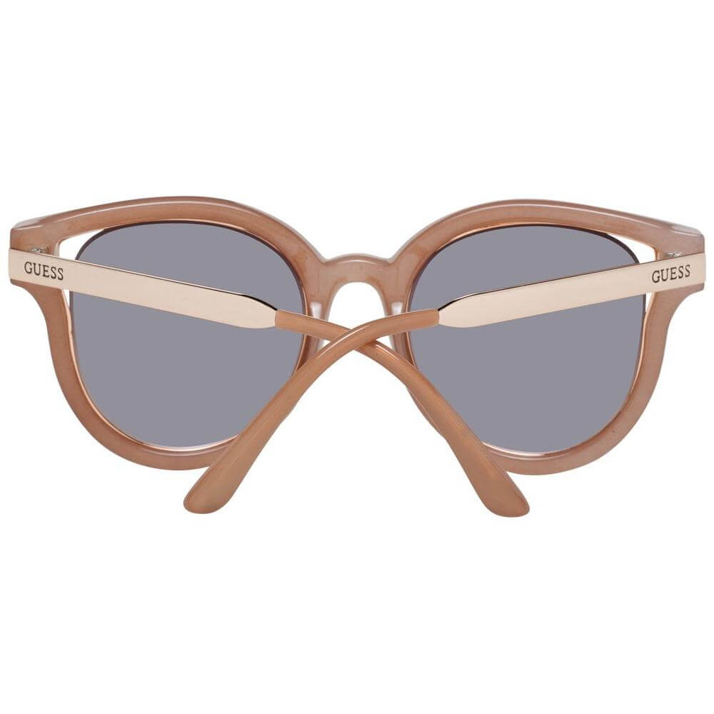 Guess brown women's sunglasses with silver mirrored lenses, butterfly style, full-rim metal and plastic frame for UV protection.