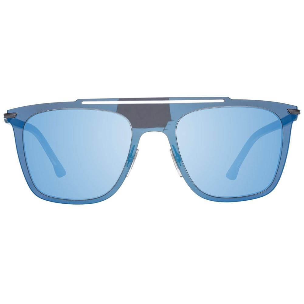 Police Blue men's sunglasses with blue mirrored rectangle lenses, metal-plastic frame, and 100% UVA/UVB protection.