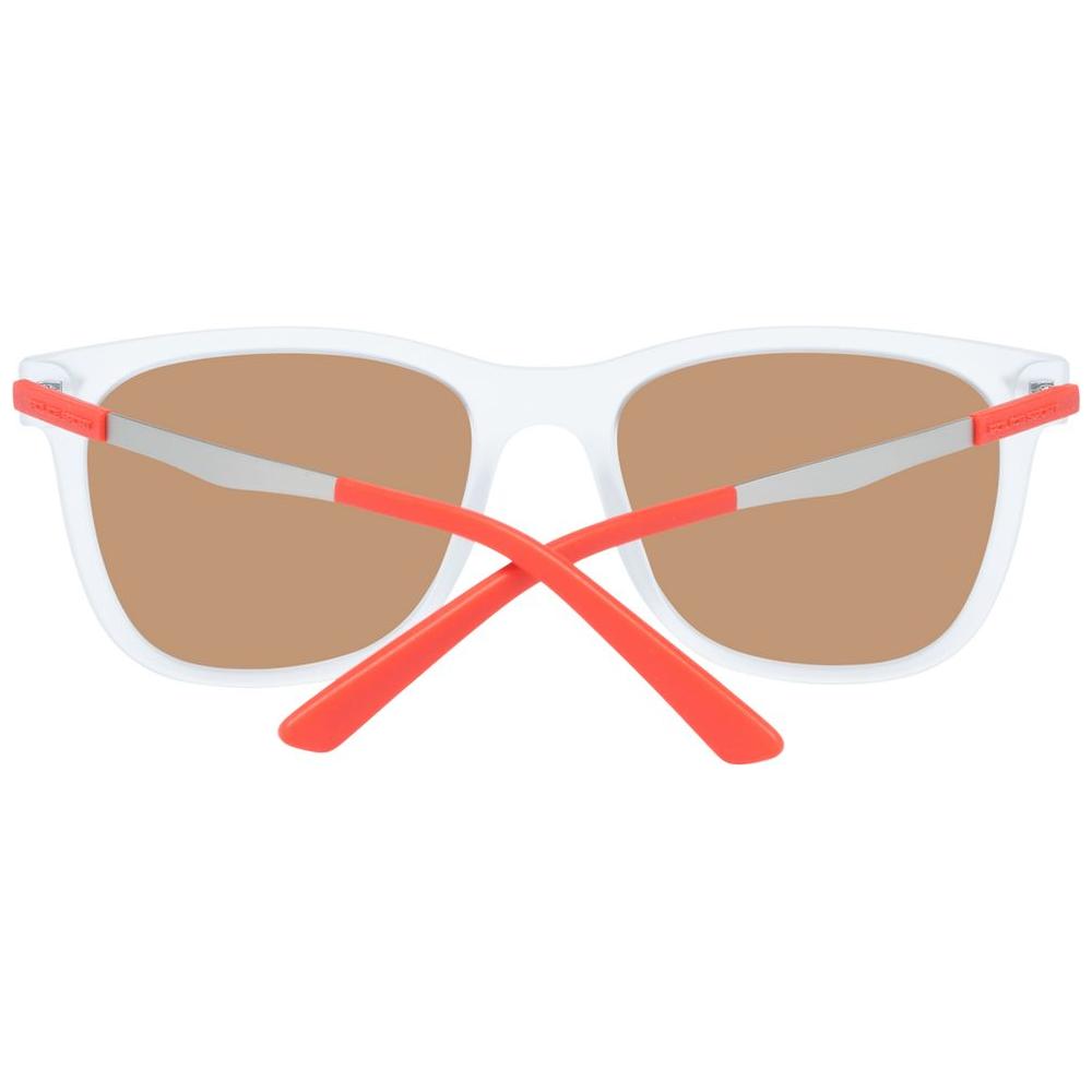 Transparent rectangle sunglasses with multicolor polarized lenses and orange arms, 100% UV protection, men's style.