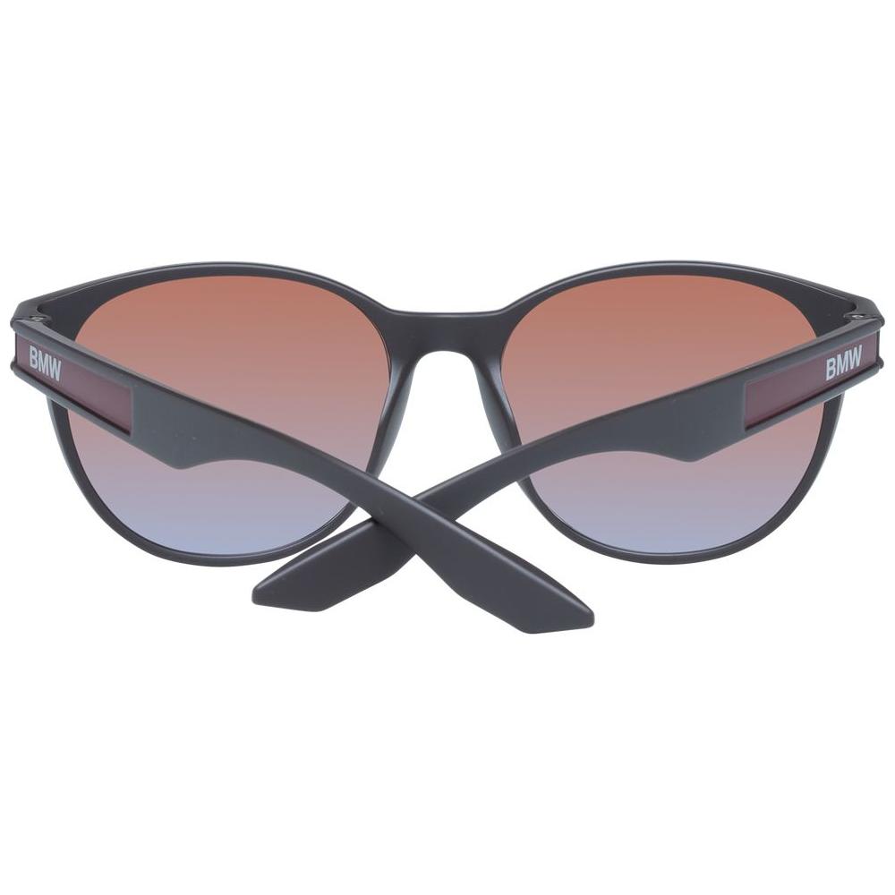 BMW brown men's sunglasses with round mirrored gradient lenses, full-rim plastic frame, UVA & UVB protection, and branded case included.