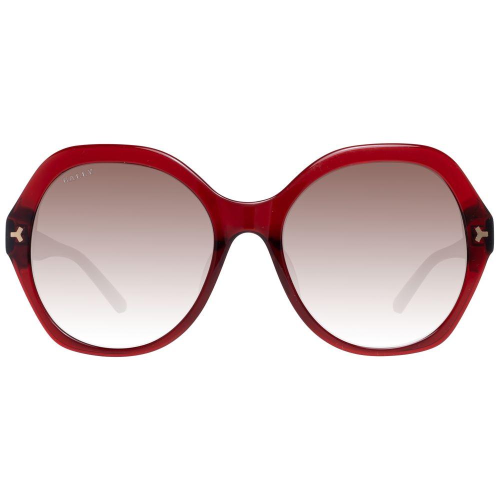 Alt Tag: Bally red oval women's sunglasses with gradient brown lenses, full-rim style, UVA & UVB protection, includes branded case.