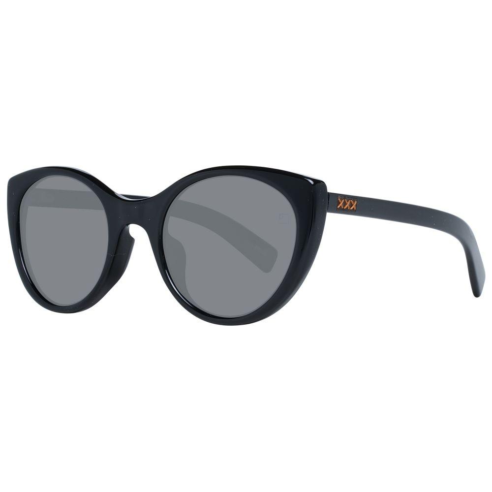 Ermenegildo Zegna black women sunglasses with plastic round frames and grey lenses, offering 100% UVA & UVB protection.