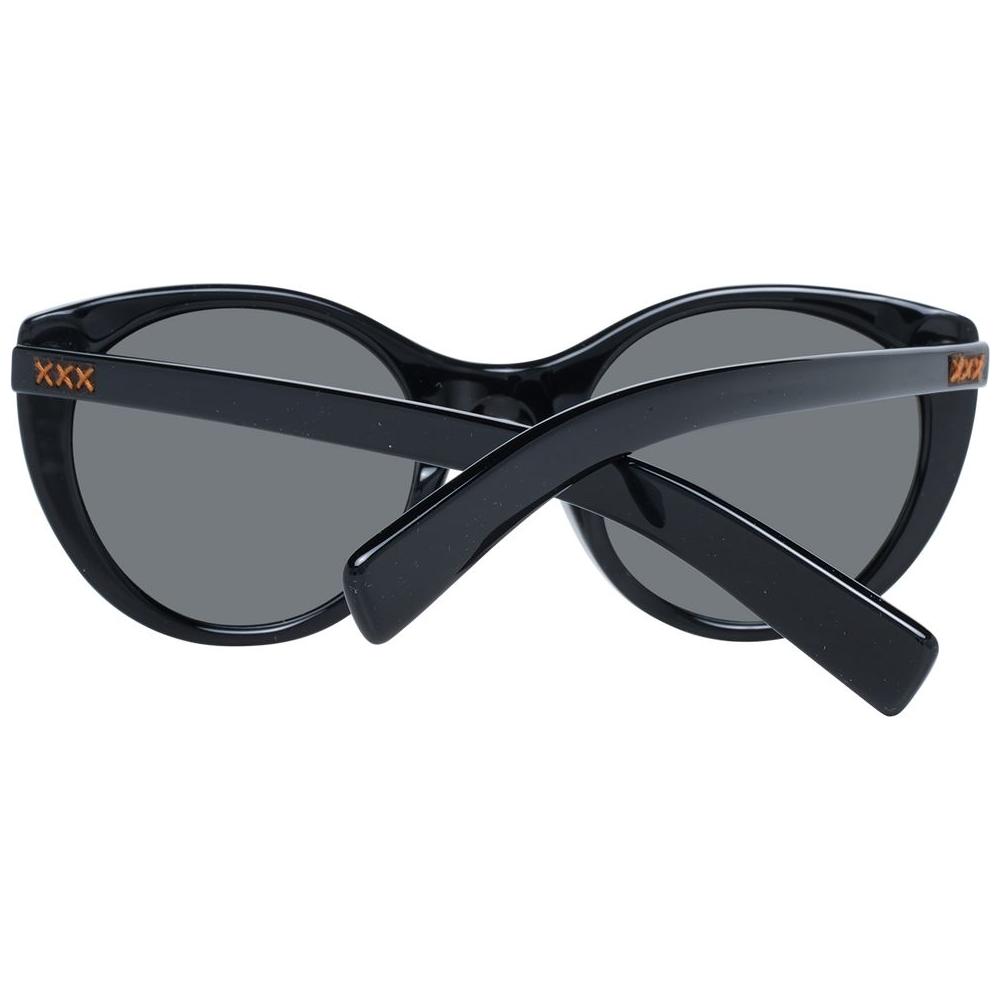 Ermenegildo Zegna black round women's sunglasses with grey lenses, plastic frame, and 100% UVA & UVB protection.