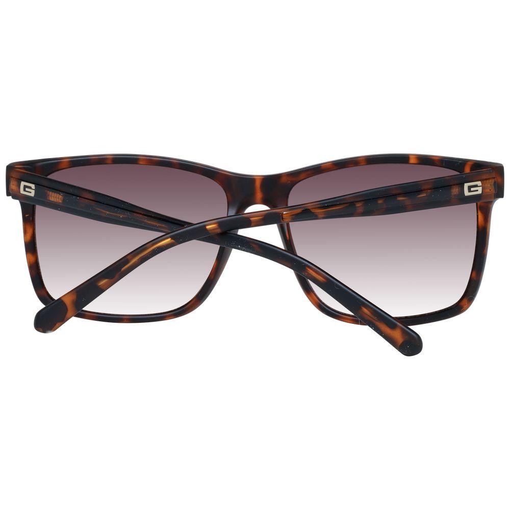Guess Brown Men Sunglasses with plastic square frame, gradient brown lenses, UVA & UVB protection, and branded case.