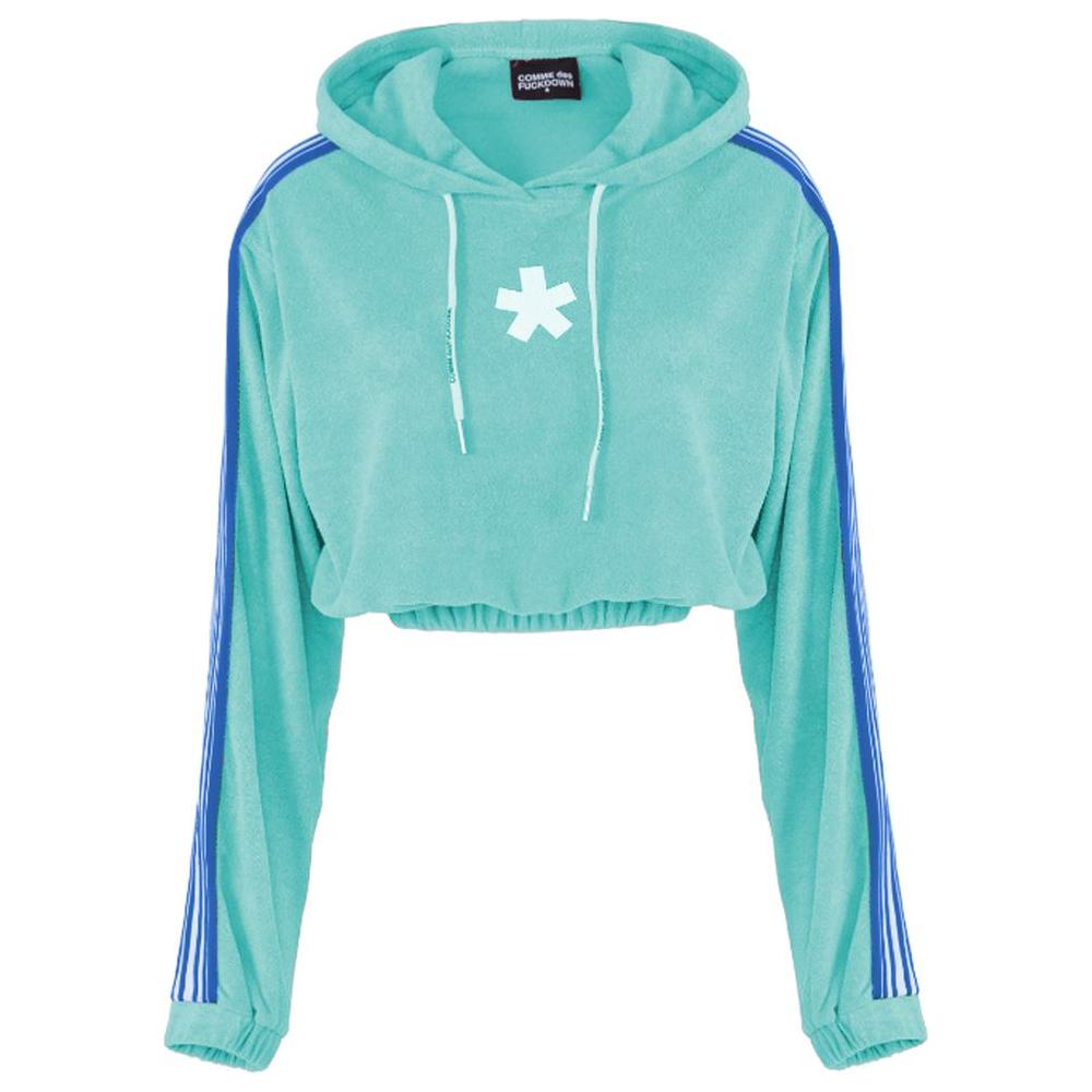 Comme Des Fuckdown green cotton sweater with hood, drawstring, logo print, elastic hem and cuffs, blue sleeve stripes.