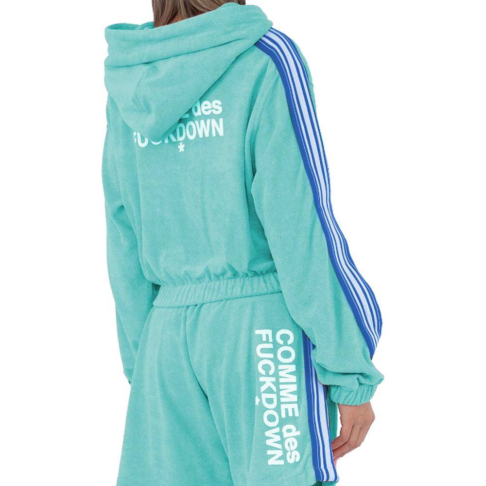 Comme des Fuckdown green cotton hoodie with logo print and elastic hem, back view.