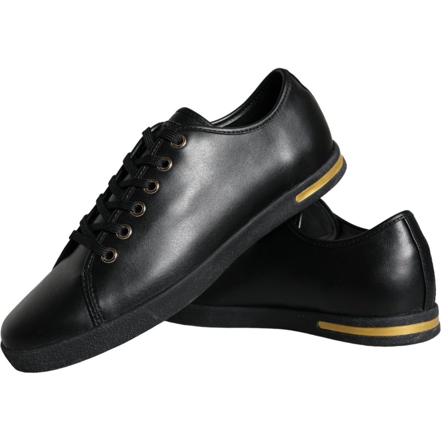 Dolce & Gabbana Black Gold Leather Classic Sneakers Shoes Dolce & Gabbana Black