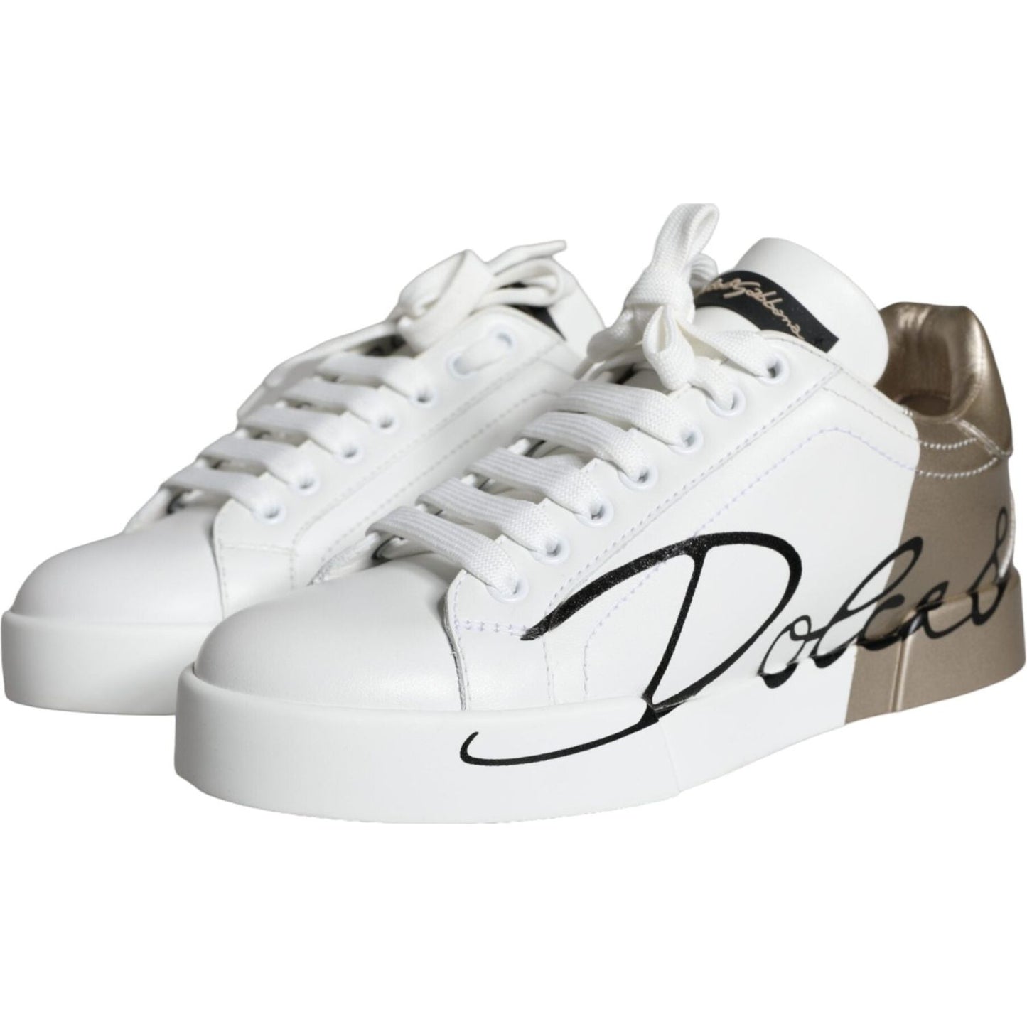 Dolce & Gabbana White Gold Portofino Low Top Leather Sneakers Shoes Dolce & Gabbana Light Gray