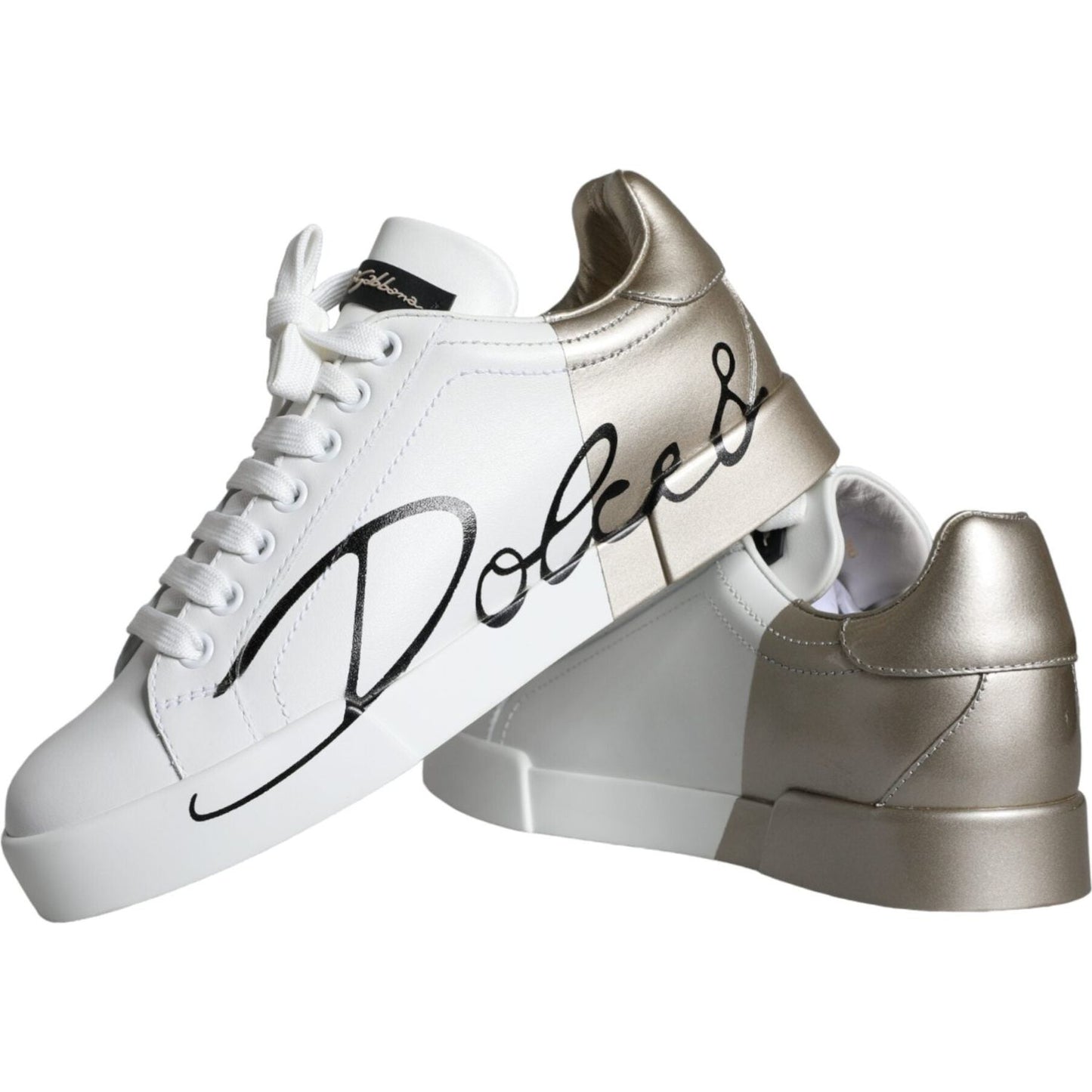 Dolce & Gabbana White Gold Portofino Low Top Leather Sneakers Shoes Dolce & Gabbana Light Gray