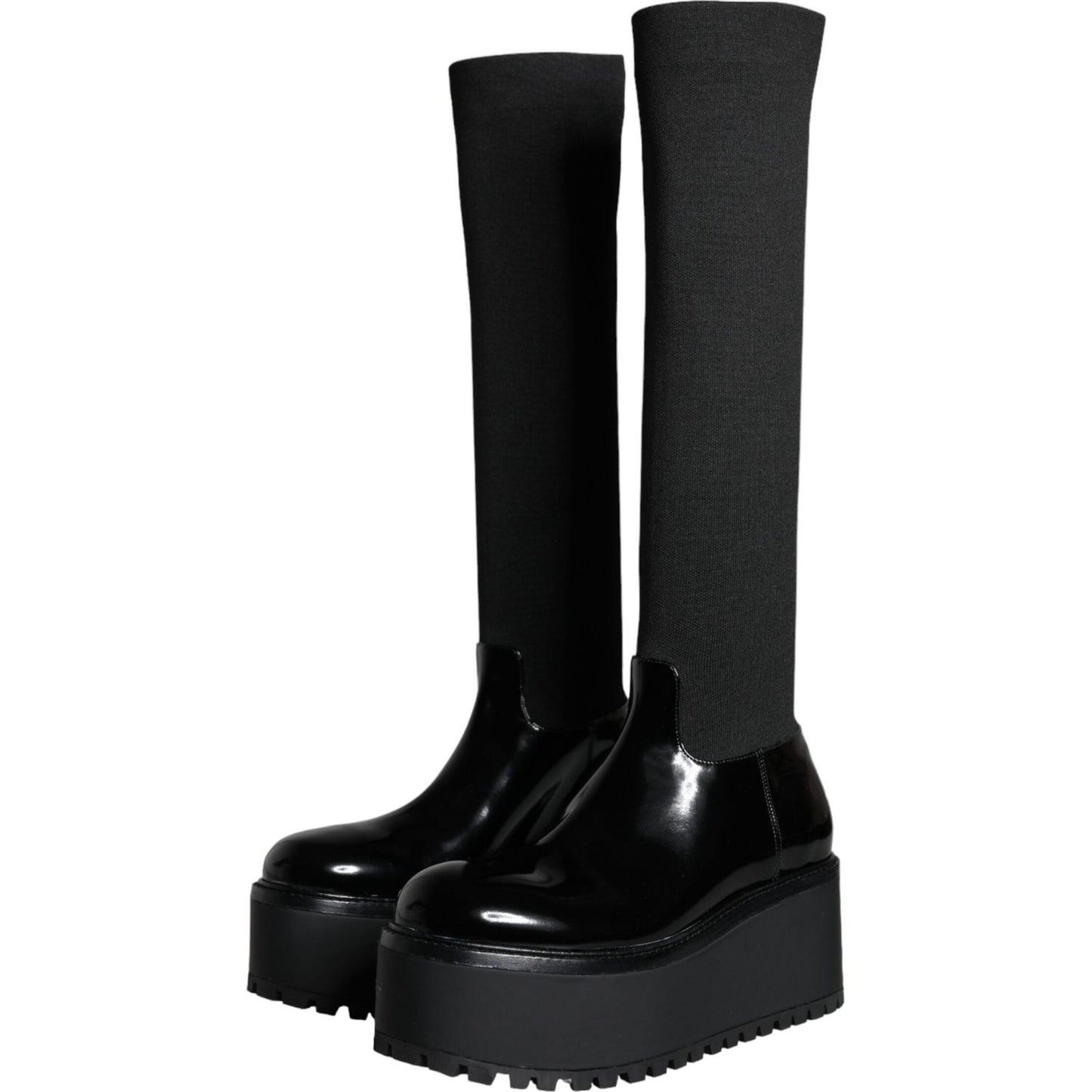 Dolce & Gabbana Black Leather Jersey Knee High Boots Shoes Dolce & Gabbana Black