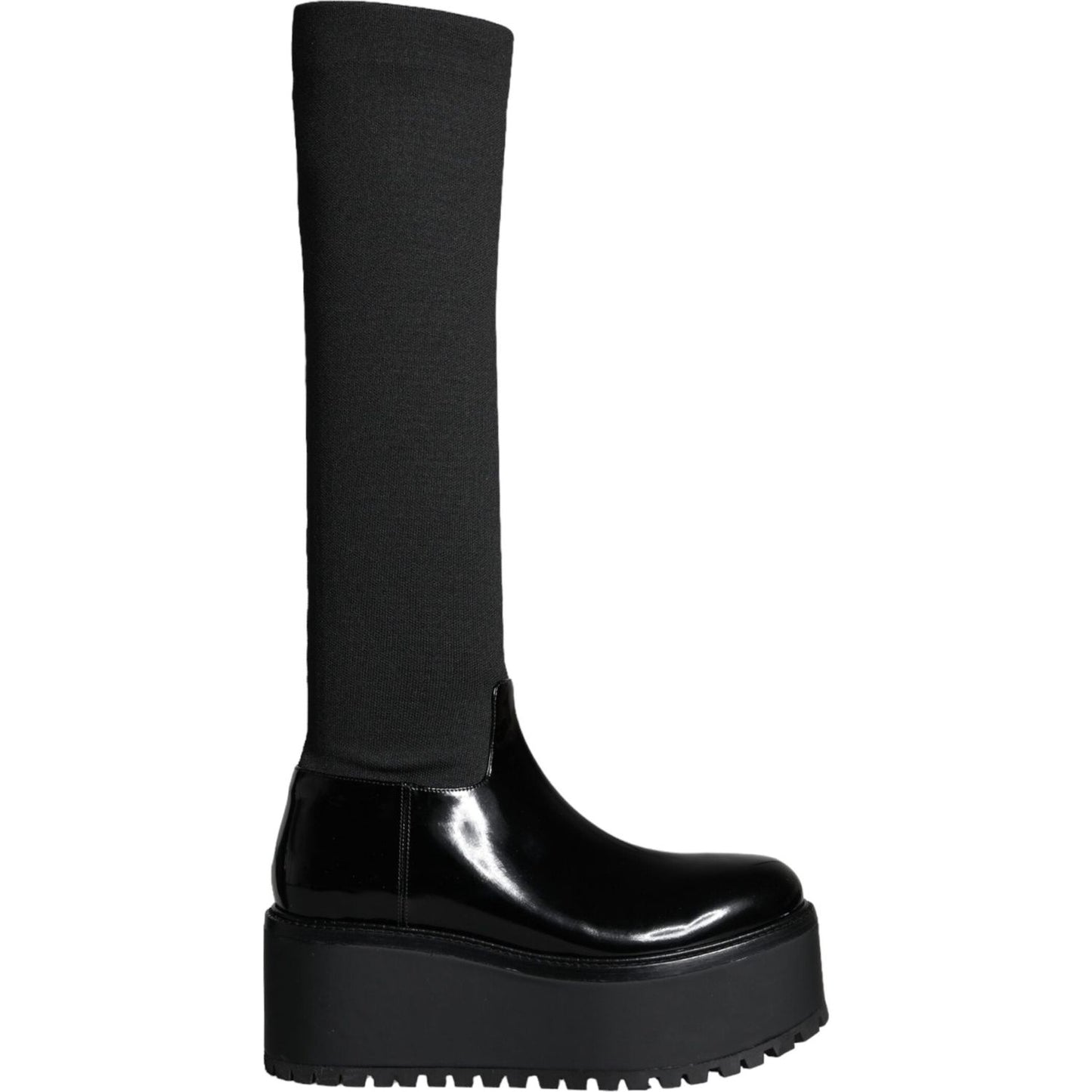 Dolce & Gabbana Black Leather Jersey Knee High Boots Shoes Dolce & Gabbana Black