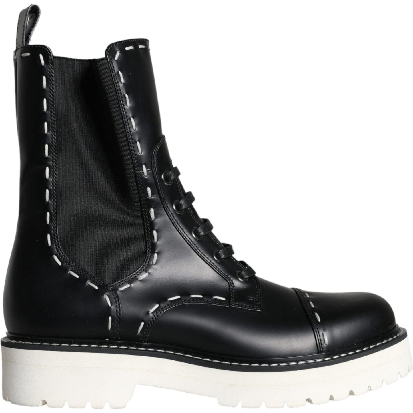 Dolce & Gabbana Black Leather Combat Mid Calf Boots Shoes Dolce & Gabbana Antique White