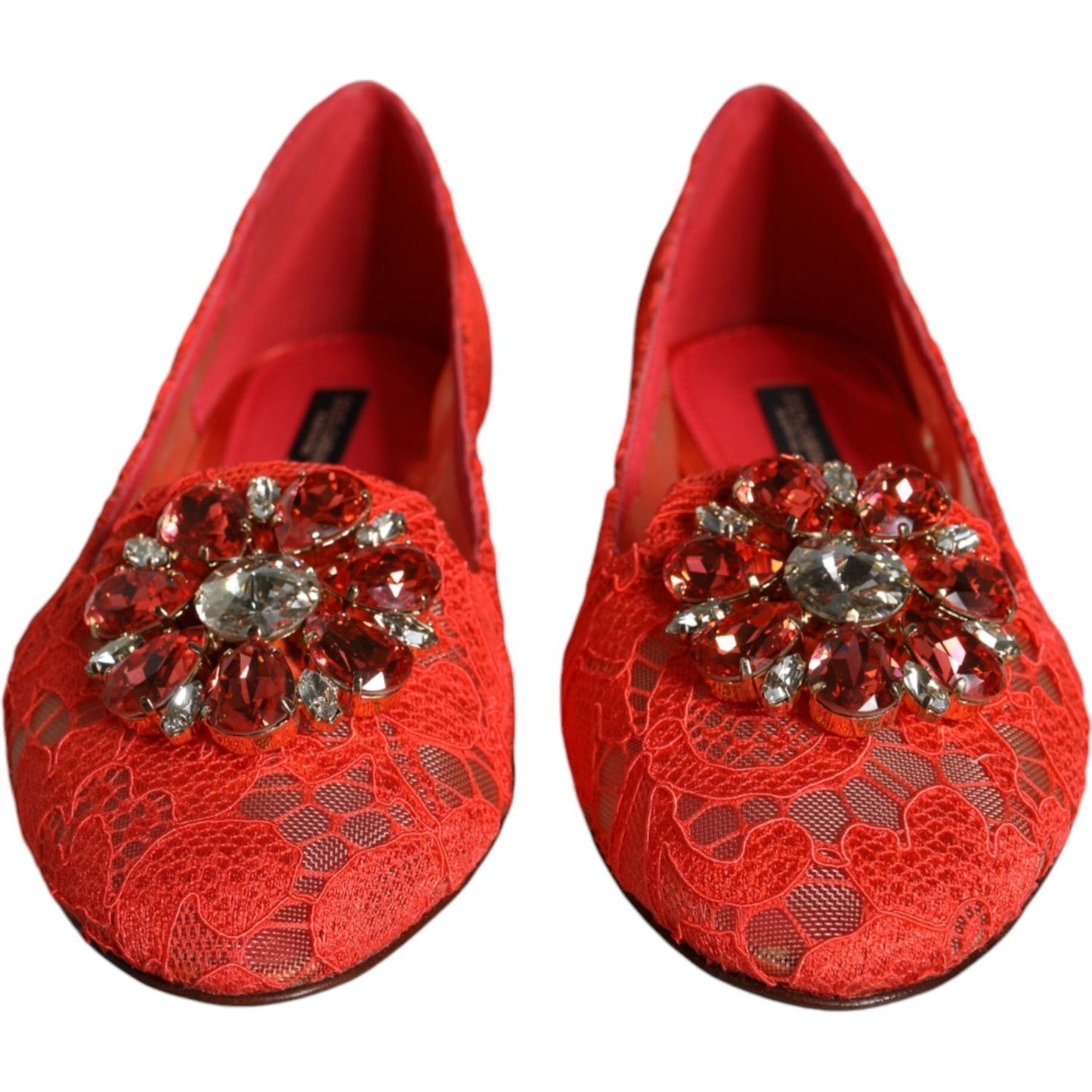 Dolce & Gabbana Coral Lace Crystal Ballet Flats Loafers Shoes Dolce & Gabbana Firebrick