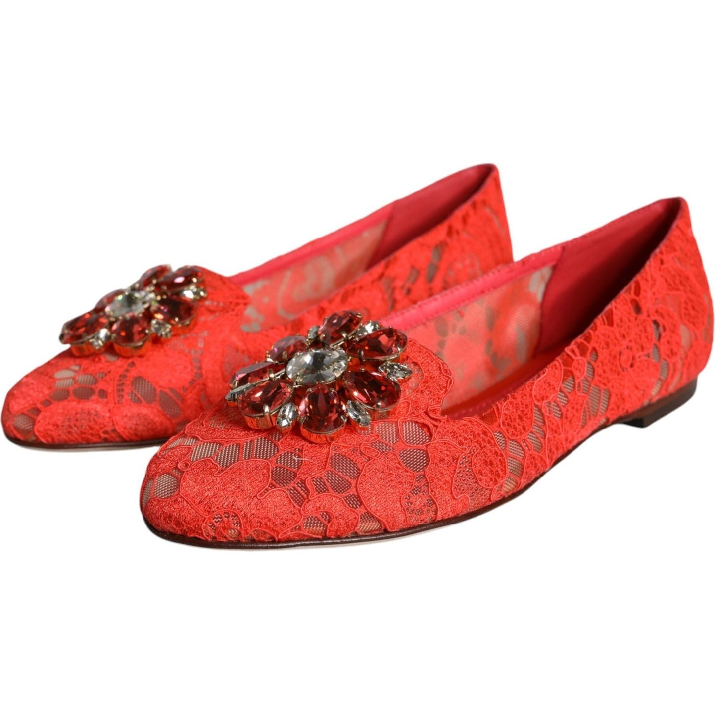 Dolce & Gabbana Coral Lace Crystal Ballet Flats Loafers Shoes Dolce & Gabbana Chocolate