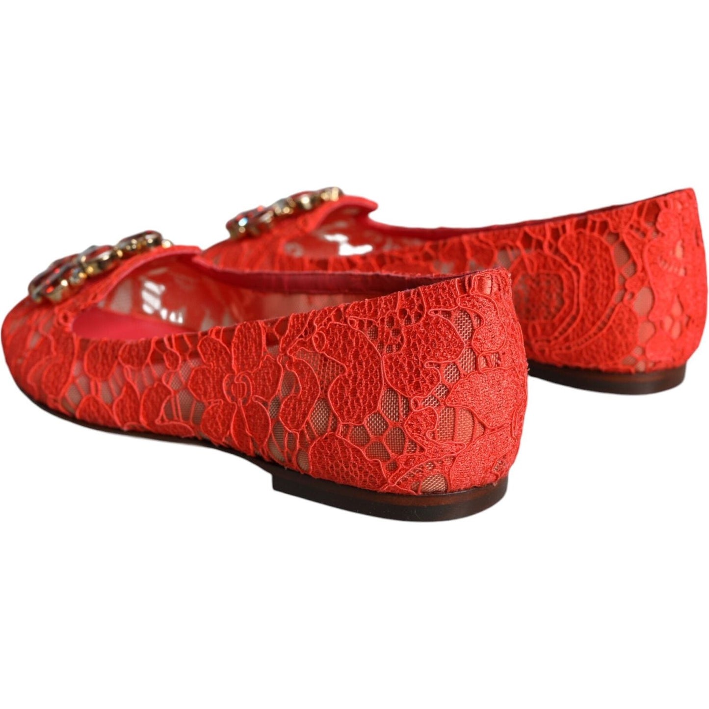 Dolce & Gabbana Coral Lace Crystal Ballet Flats Loafers Shoes Dolce & Gabbana Firebrick
