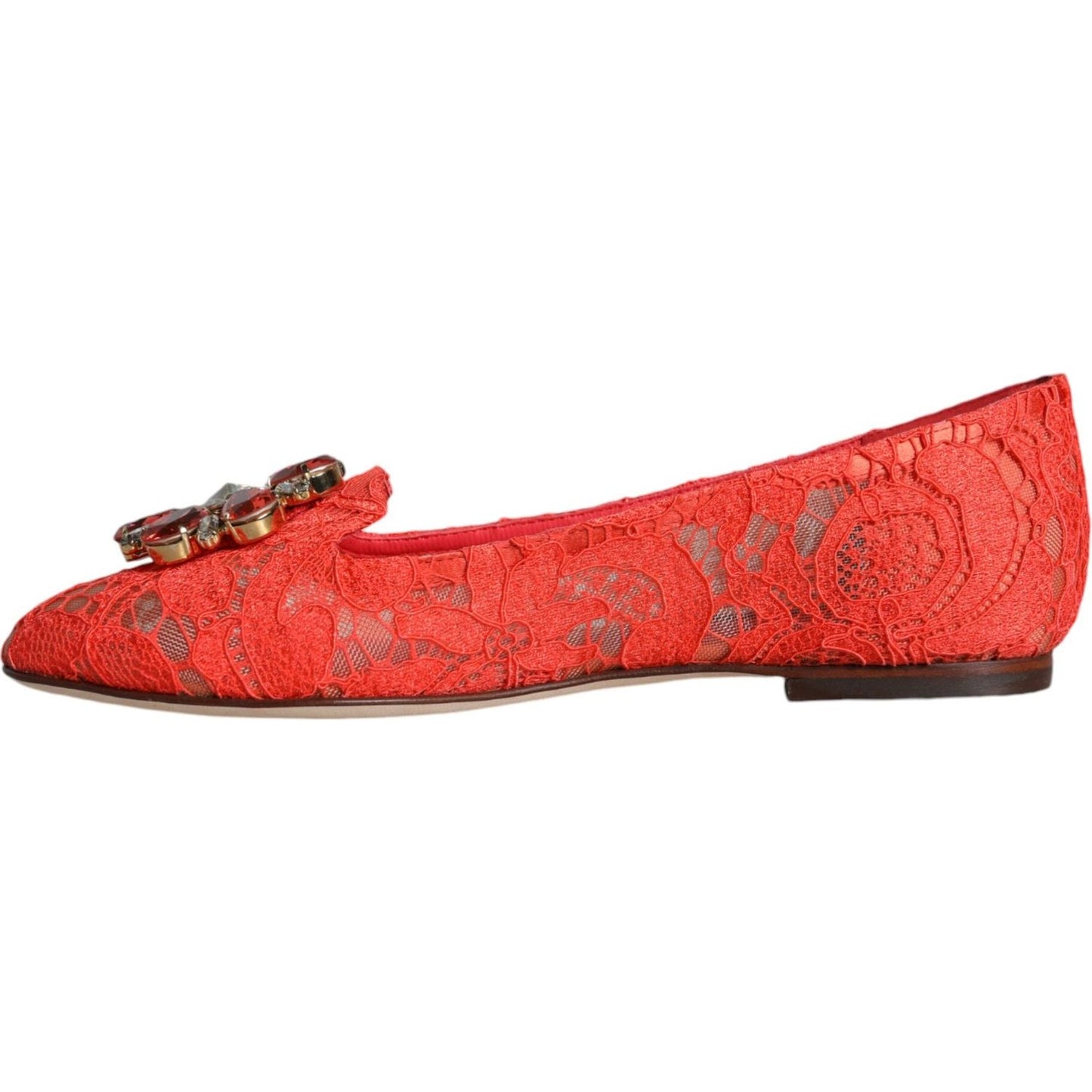 Dolce & Gabbana Coral Lace Crystal Ballet Flats Loafers Shoes Dolce & Gabbana Chocolate