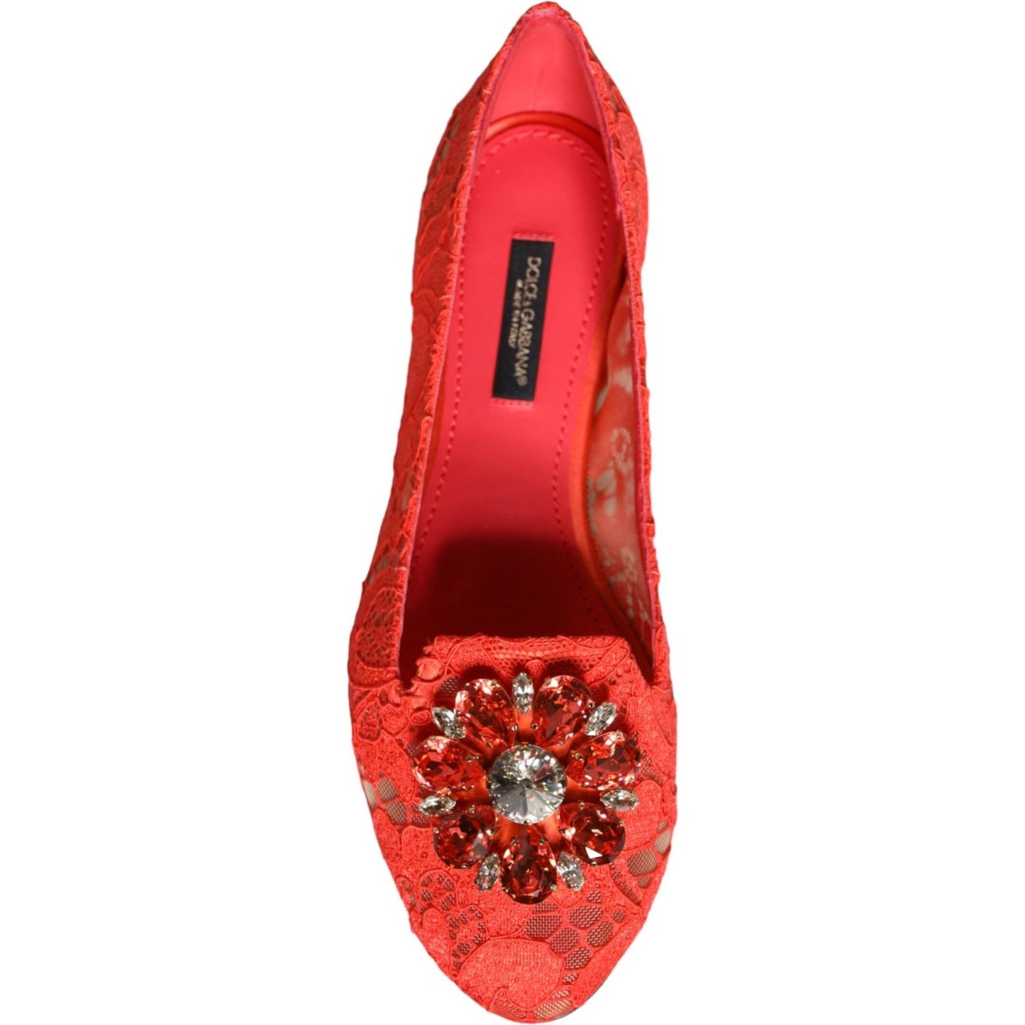 Dolce & Gabbana Coral Lace Crystal Ballet Flats Loafers Shoes Dolce & Gabbana Firebrick