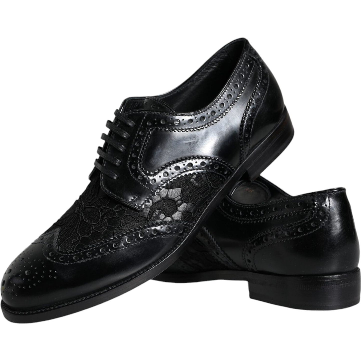 Dolce & Gabbana Black Leather Floral Lace Dress Formal Shoes Dolce & Gabbana Black