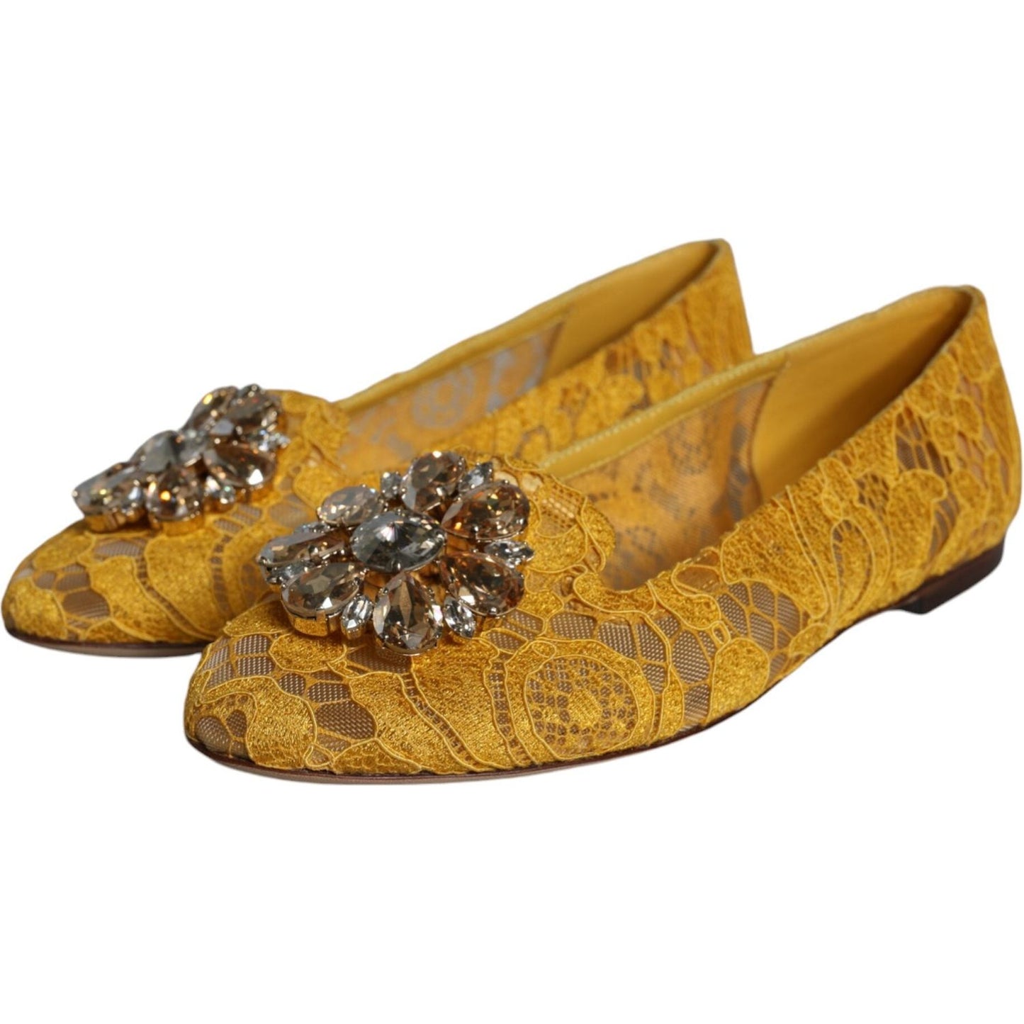 Dolce & Gabbana Mustard Lace Crystal Ballet Flats Loafer Shoes Dolce & Gabbana Dark Goldenrod