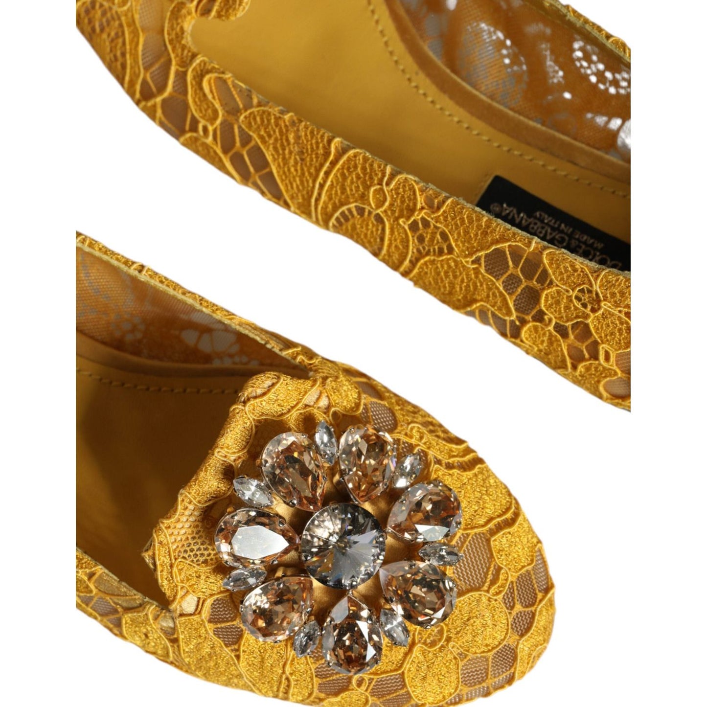 Dolce & Gabbana Mustard Lace Crystal Ballet Flats Loafer Shoes Dolce & Gabbana Sienna