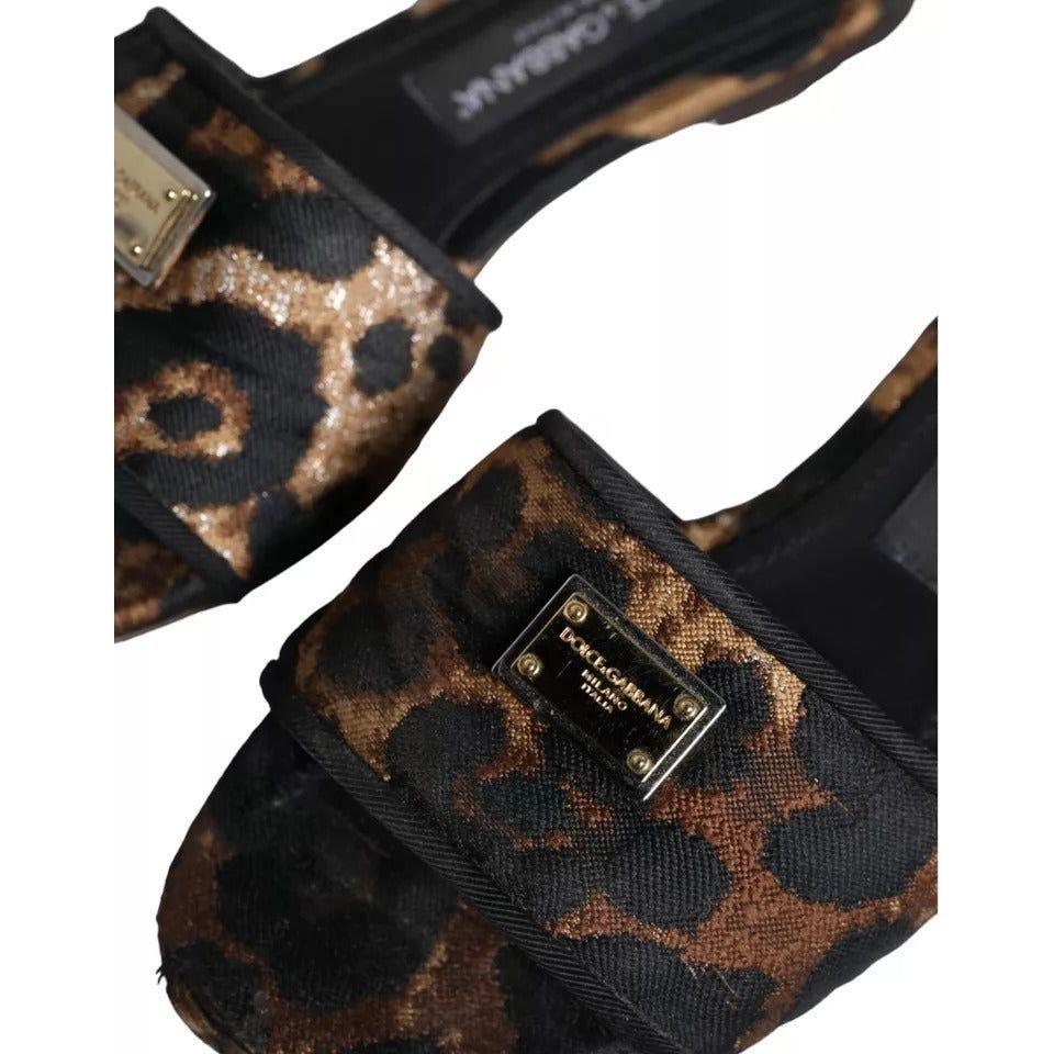 Dolce & Gabbana Brown Leopard Logo Slides Flats Sandals Shoes Dolce & Gabbana Black