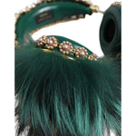 Dolce & Gabbana Green Gold Crystal Fur Headset Audio AUX Headphones SMY10424