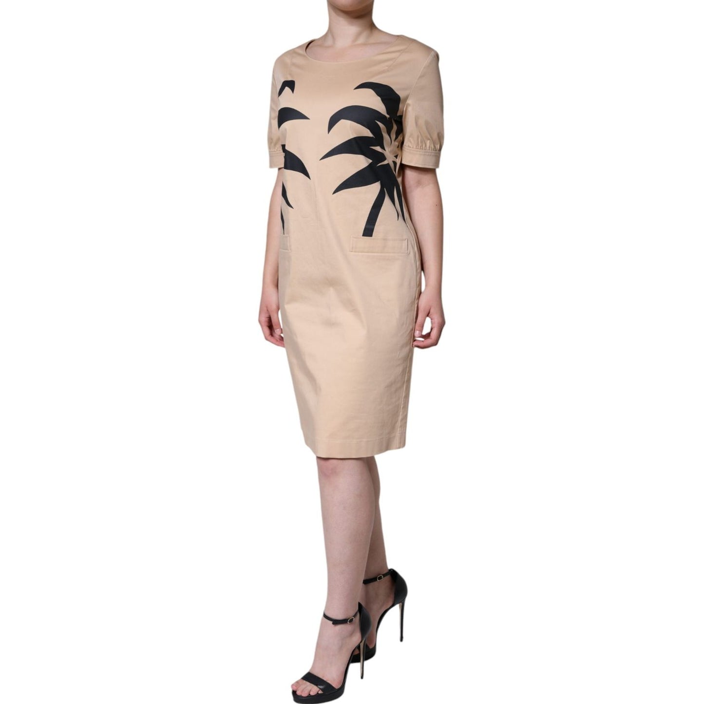 Moschino Beige Cotton Short Sleeve Knee Length Dress Moschino Tan