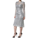 Dolce & Gabbana Silver Floral Lace Bodycon Sheath Midi Dress