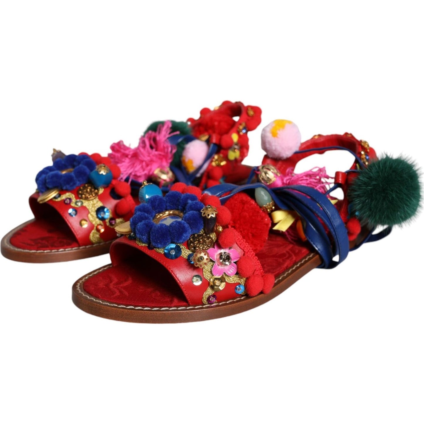 Dolce & Gabbana Multicolor Pom Pom Fur Wrap Sandals Shoes Dolce & Gabbana Dark Slate Gray